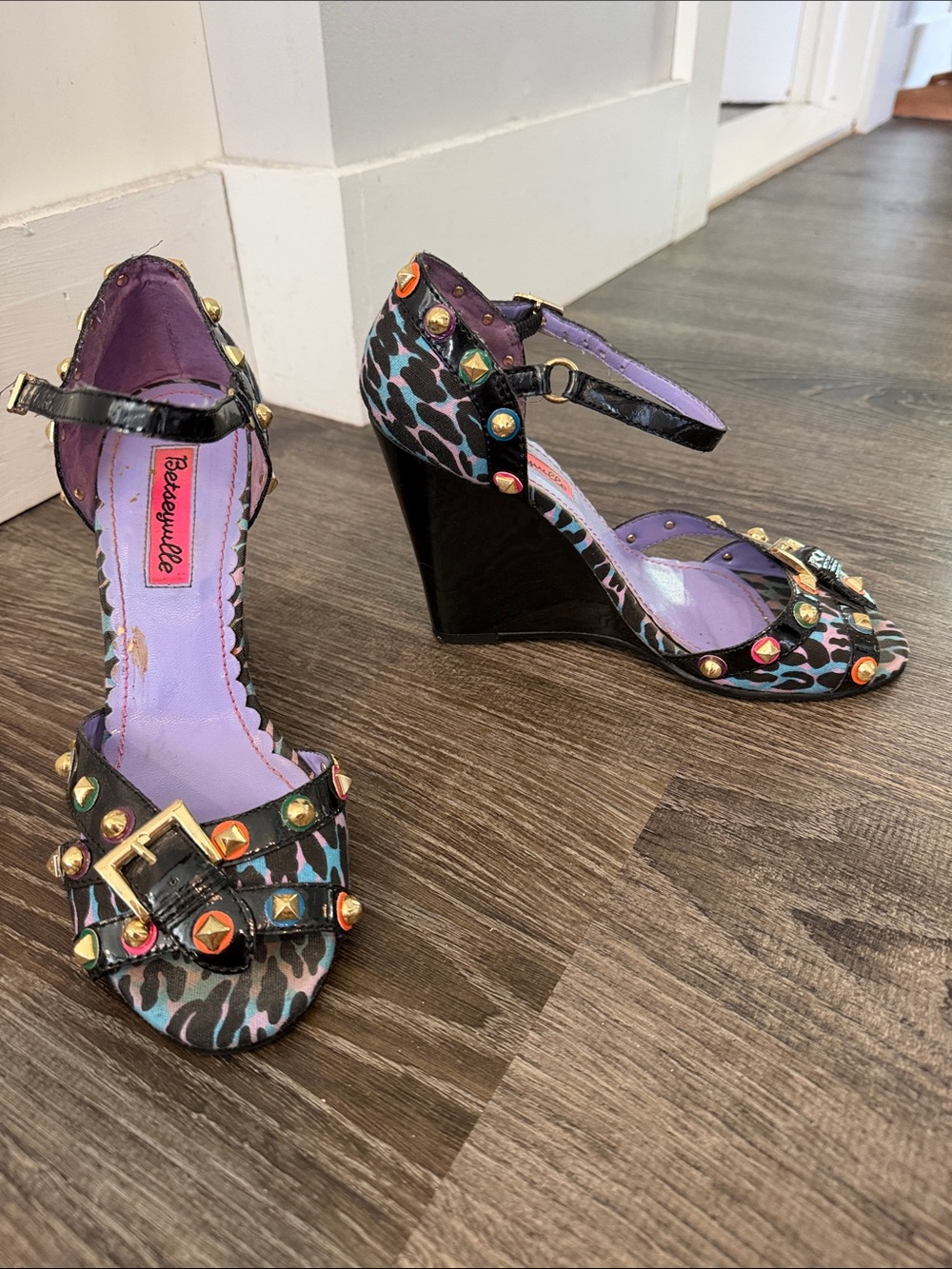 Betsey Johnson Purple Insole Multicolor Studded Ankle-Strap Heels - Picture 5 of 8